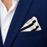 Black & White Stripes pocket square — navy jacket · wearing detail.