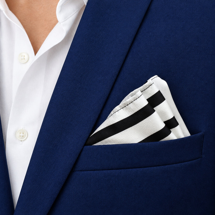 Black & White Stripes pocket square — navy jacket · wearing detail.