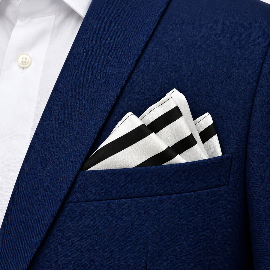 Black & White Stripes pocket square — navy jacket · alternate fold.