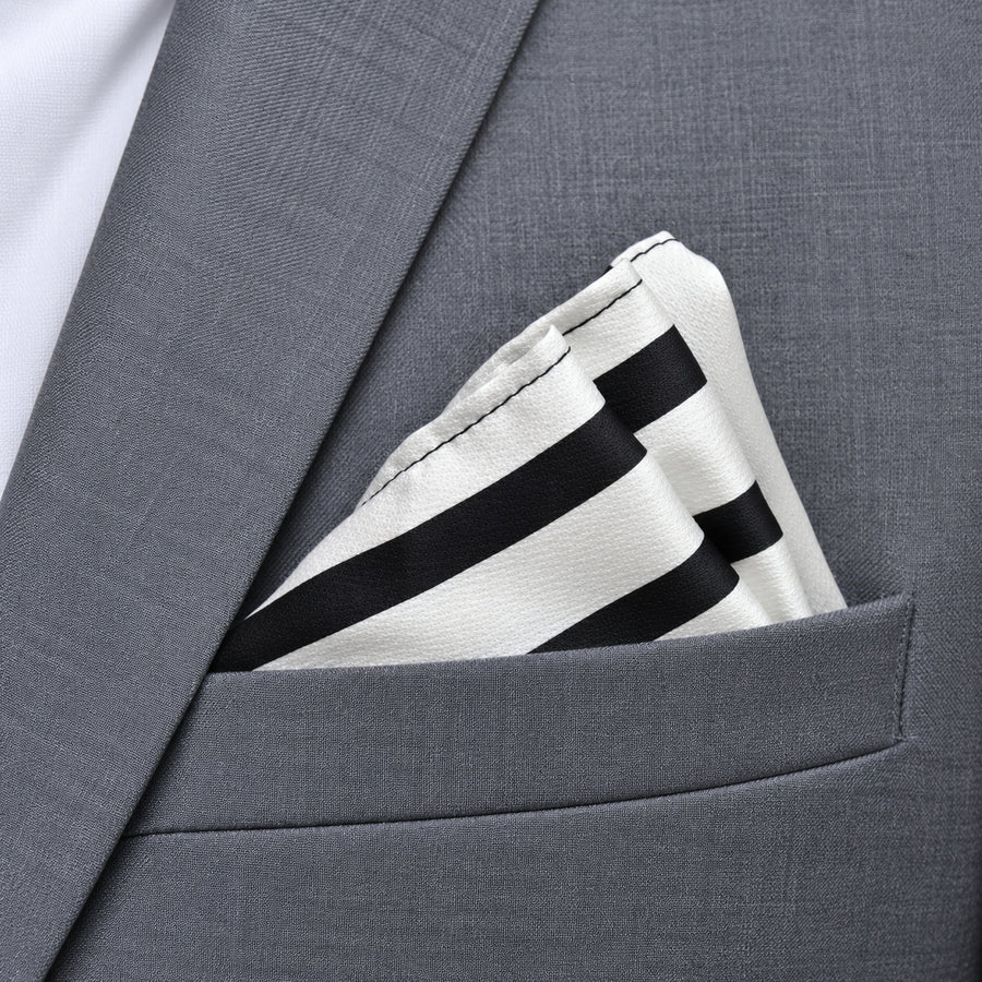 Black & White Stripes pocket square — close-up wearing detail.