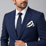 Black & White Stripes pocket square — formal model · navy and tie.