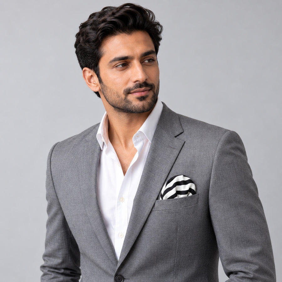 Black & White Stripes pocket square — model · light grey and open collar.