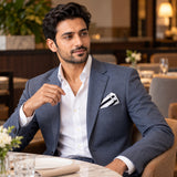 Black & White Stripes pocket square — restaurant lifestyle.
