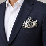 BLACK & WHITE TURKISH FLORAL SILK POCKET SQUARES pocket square — navy jacket · alternate fold.