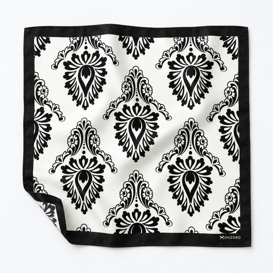 BLACK & WHITE TURKISH FLORAL SILK POCKET SQUARES pocket square — unfolded studio detail.