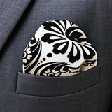 BLACK & WHITE TURKISH FLORAL SILK POCKET SQUARES pocket square — close-up wearing detail.