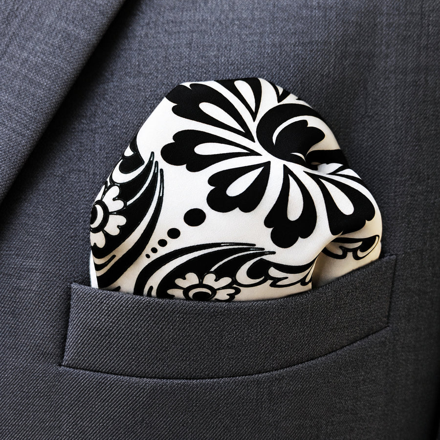 BLACK & WHITE TURKISH FLORAL SILK POCKET SQUARES pocket square — close-up wearing detail.