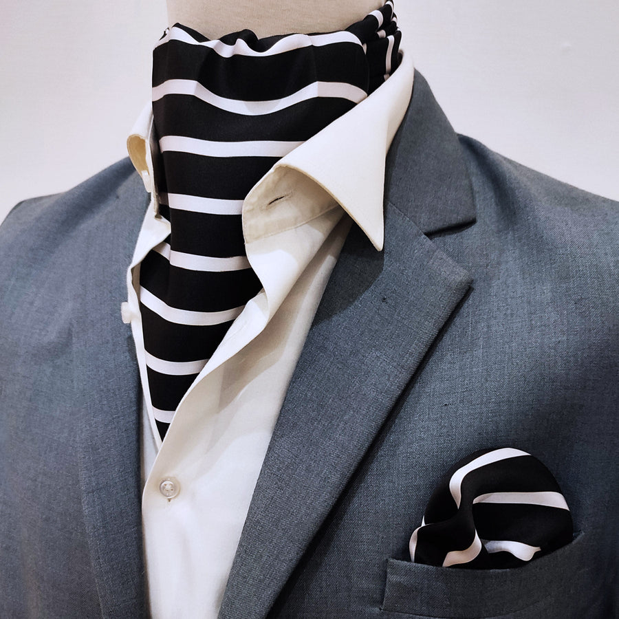 Black with White - Silk Men Ascot & Pocket Square Set - Combo Sets | Monzoro Pakistan