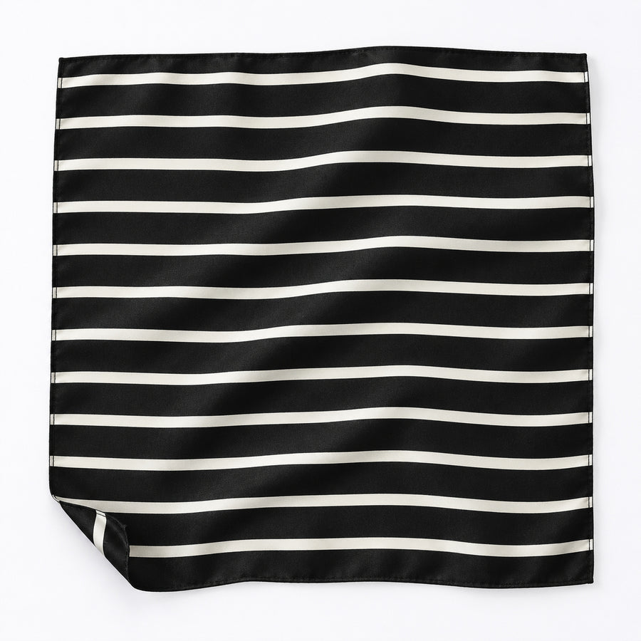 Black with White Stripes pocket square — unfolded studio detail.