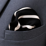 Black with White Stripes pocket square — close-up wearing detail.
