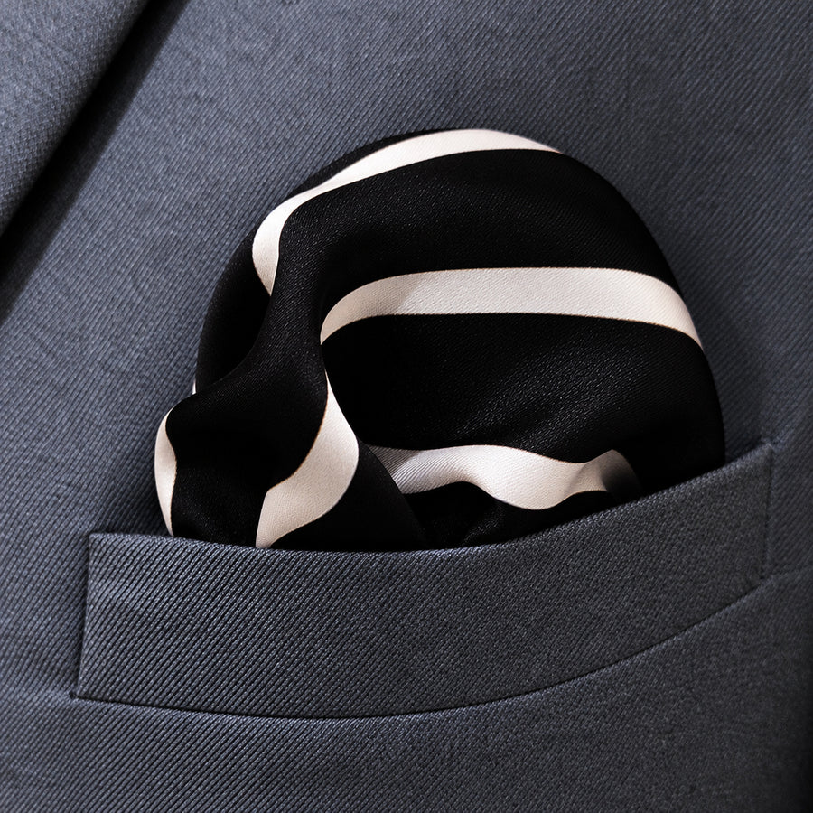 Black with White Stripes pocket square — close-up wearing detail.