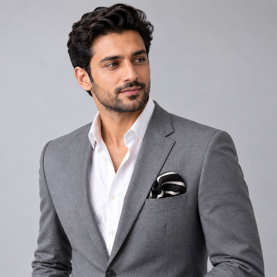 Black with White Stripes pocket square — model · light grey and open collar.