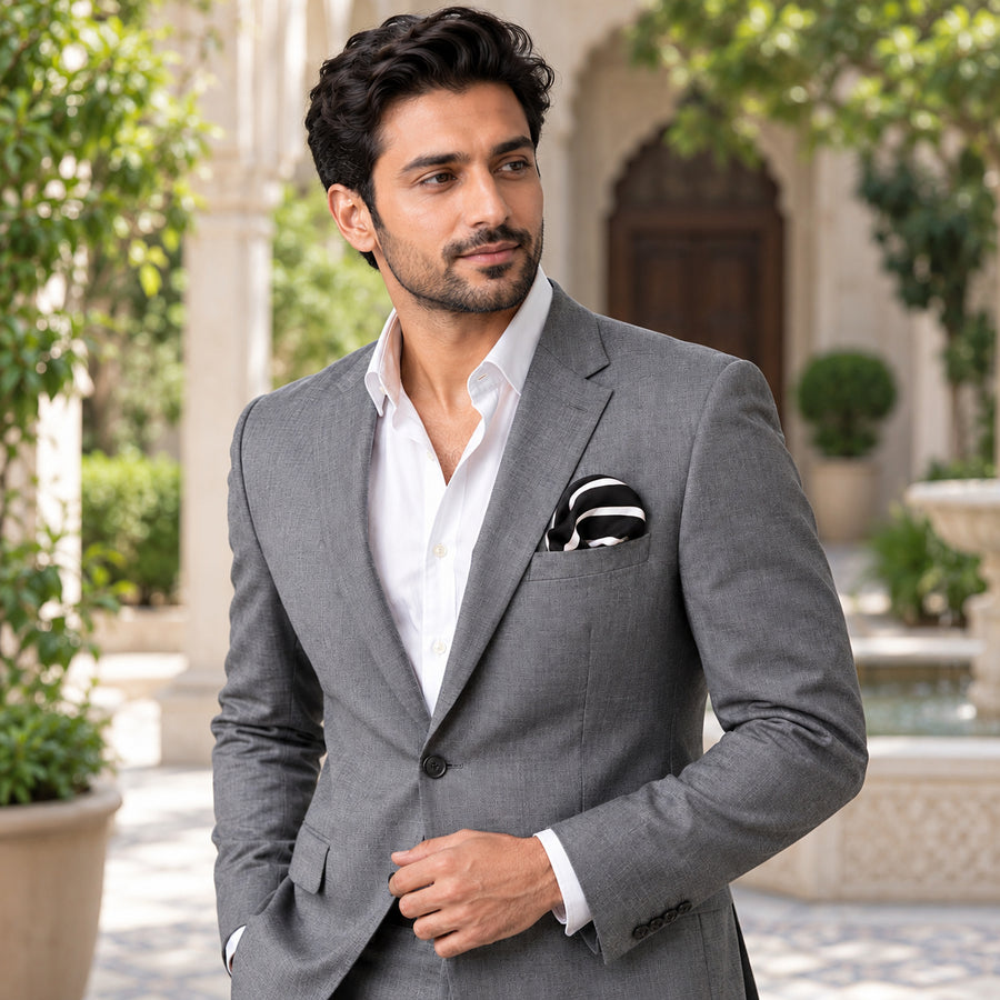 Black with White Stripes pocket square — outdoor lifestyle.