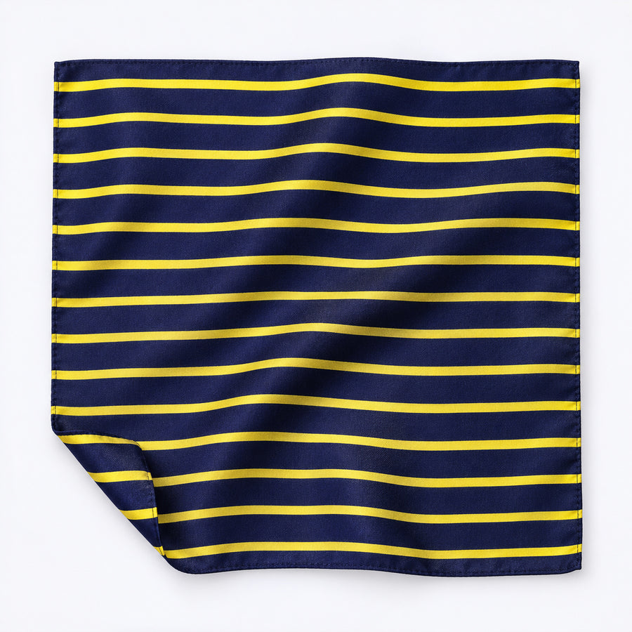 Blue and Gold Stripes pocket square — unfolded studio detail.