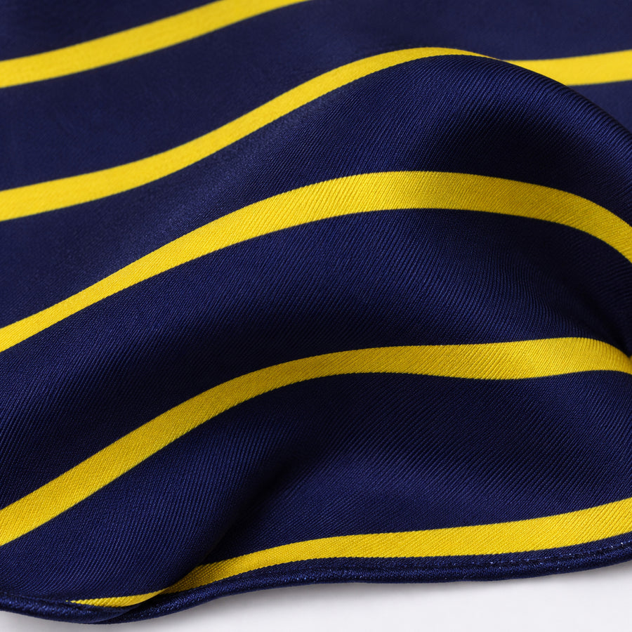 Blue and Gold Stripes pocket square — fabric and design close-up.