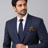 Blue and Gold Stripes pocket square — formal model · navy and tie.