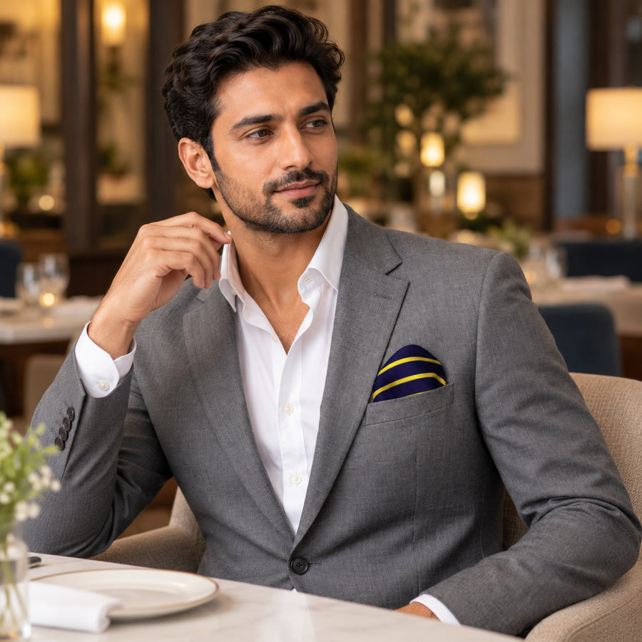 Blue and Gold Stripes pocket square — restaurant lifestyle.