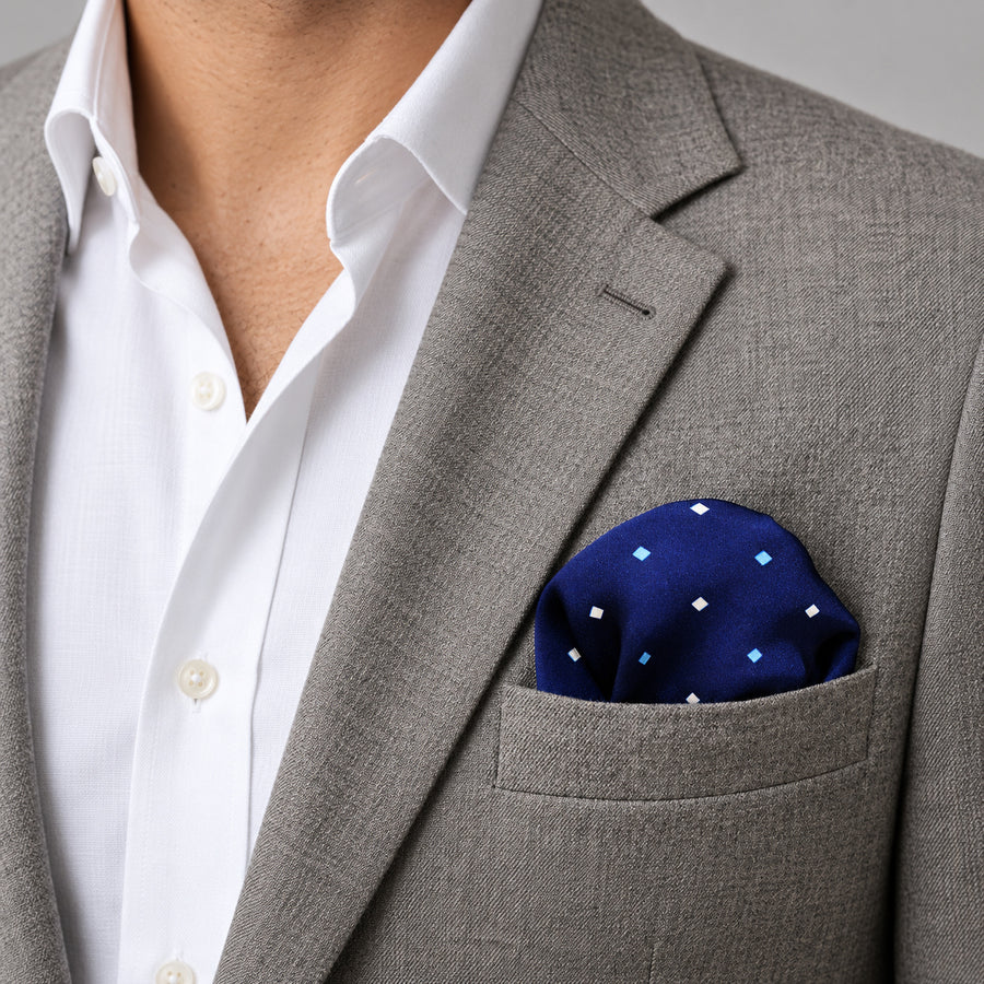 BLUE MULTI DOTTED SIlk Pocket Square pocket square — light jacket · wearing detail.