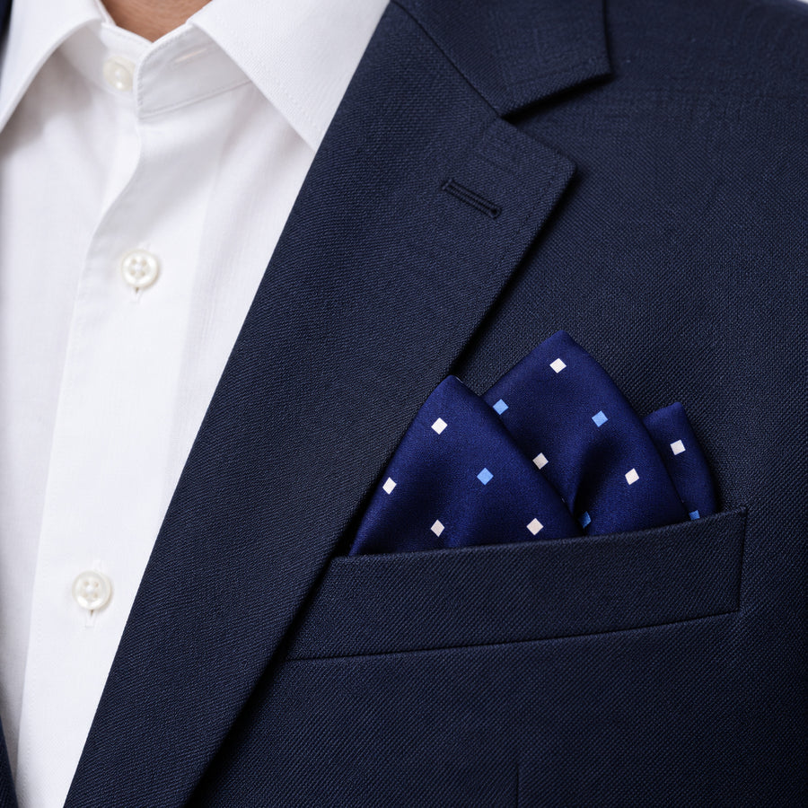 BLUE MULTI DOTTED SIlk Pocket Square pocket square — navy jacket · alternate fold.