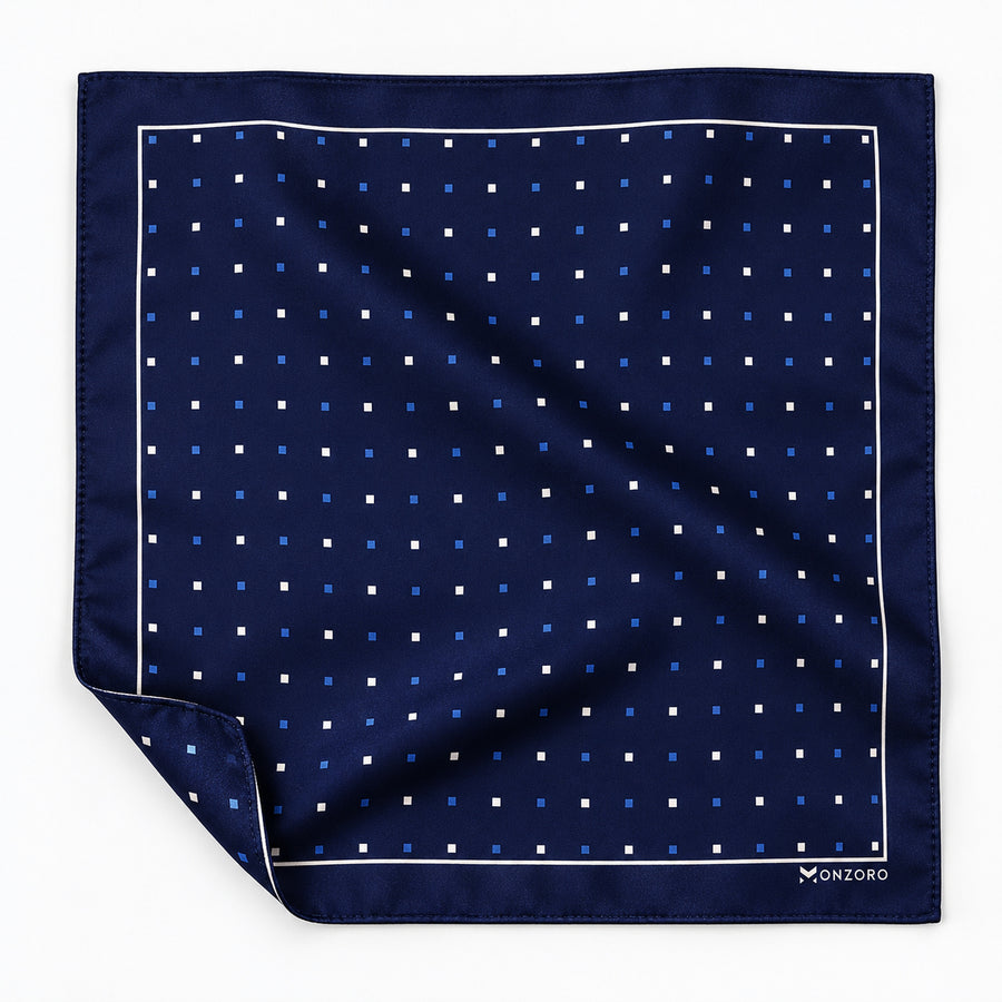 BLUE MULTI DOTTED SIlk Pocket Square pocket square — unfolded studio detail.