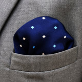 BLUE MULTI DOTTED SIlk Pocket Square pocket square — close-up wearing detail.