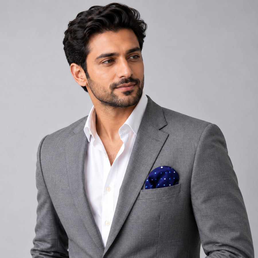 BLUE MULTI DOTTED SIlk Pocket Square pocket square — model · light grey and open collar.
