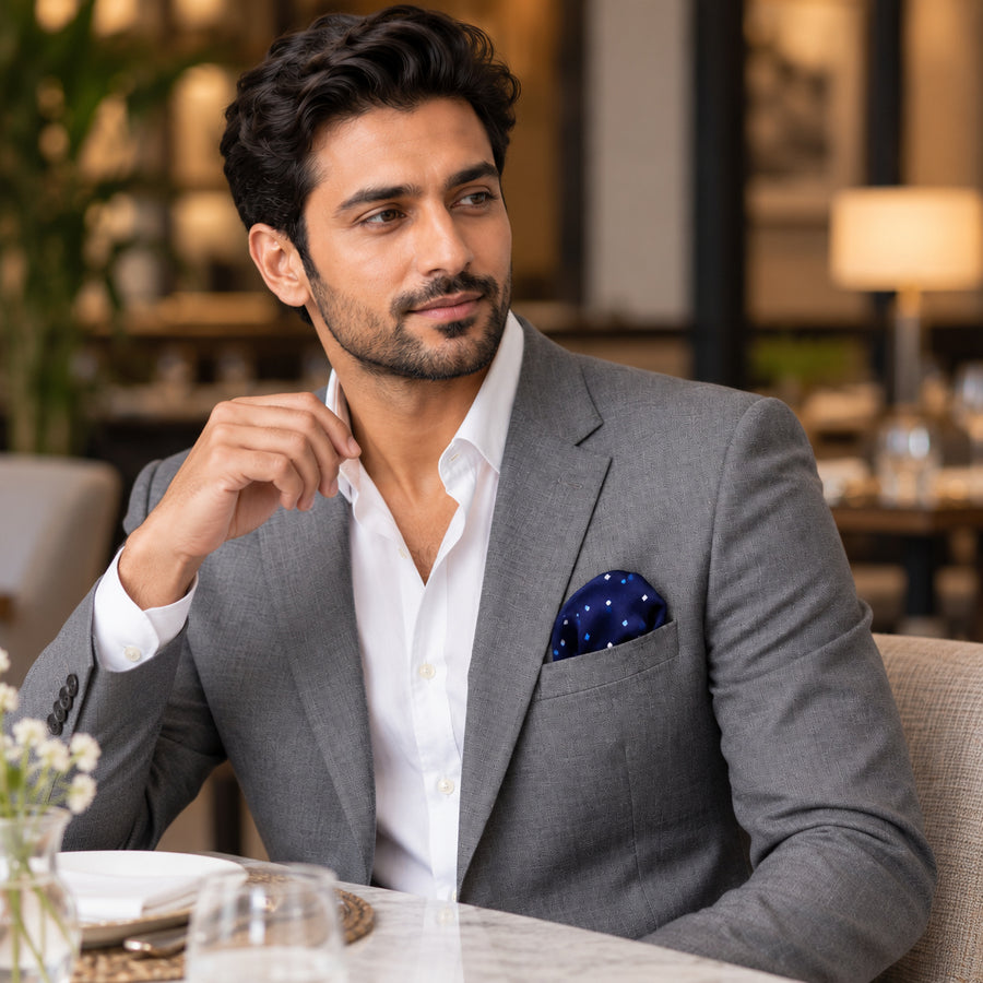 BLUE MULTI DOTTED SIlk Pocket Square pocket square — restaurant lifestyle.