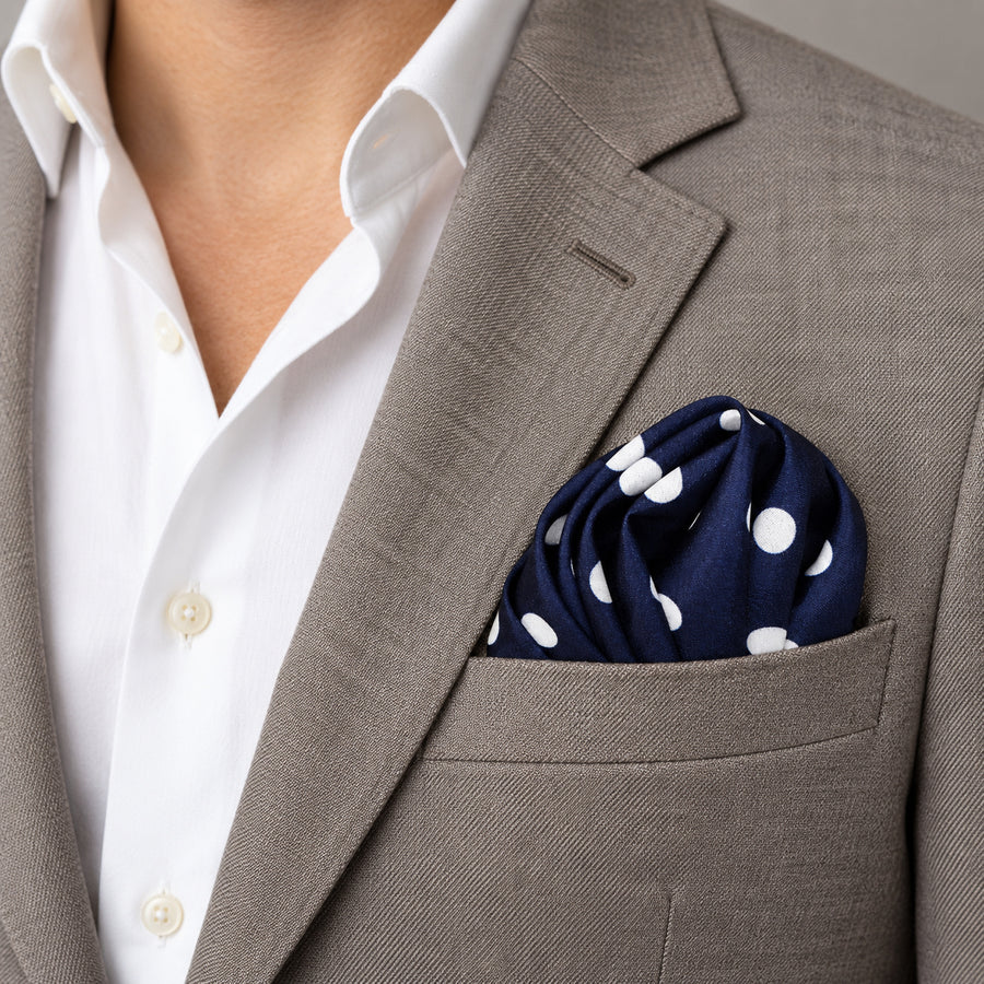 Blue Polka Drops pocket square — light jacket · wearing detail.