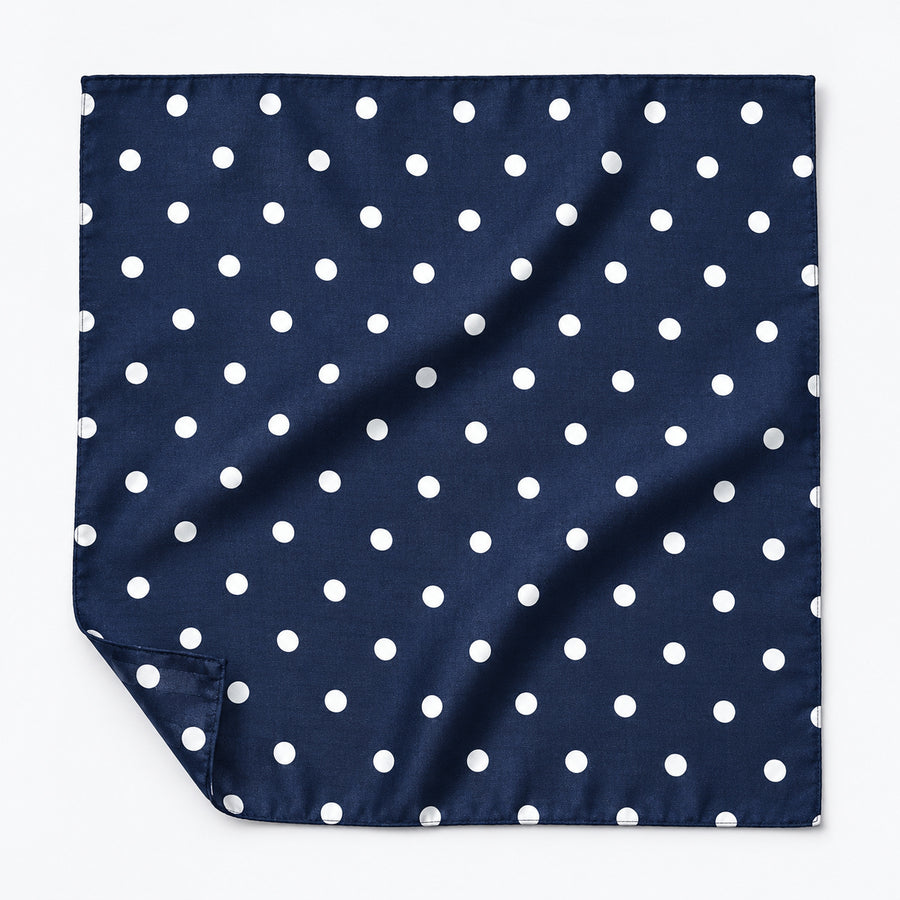 Blue Polka Drops pocket square — unfolded studio detail.