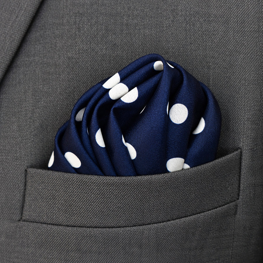 Blue Polka Drops pocket square — close-up wearing detail.