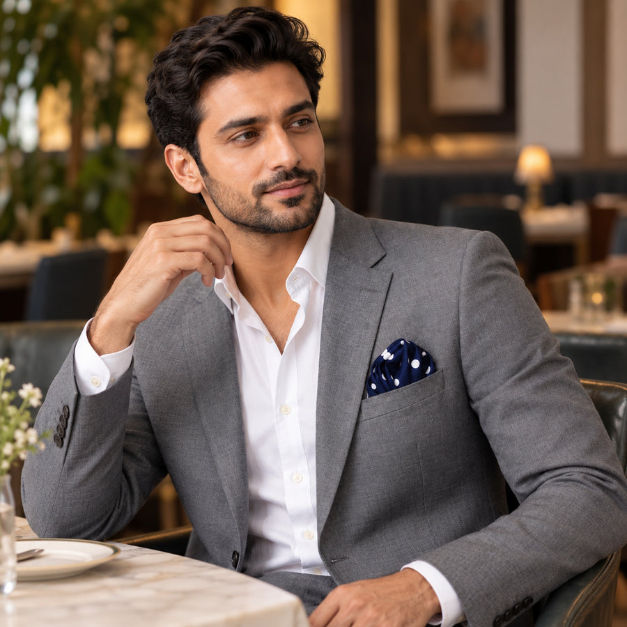 Blue Polka Drops pocket square — restaurant lifestyle.