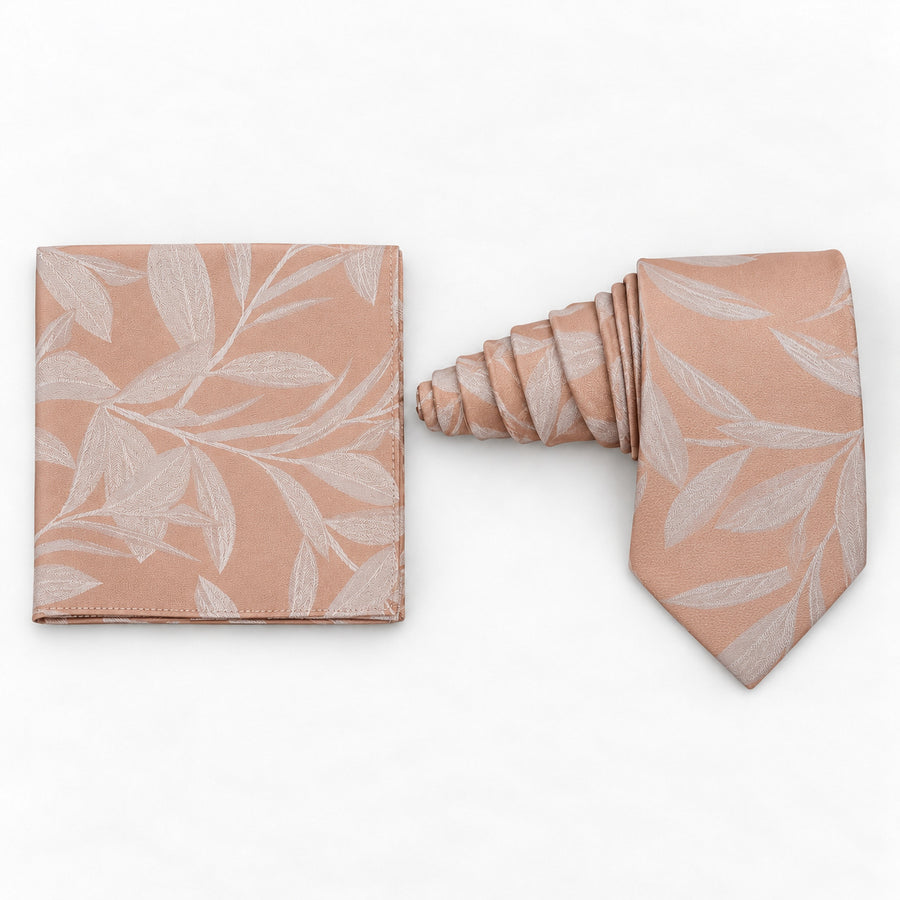 Blush Laurel Leaf silk tie and matching pocket square — Natural coiled pair