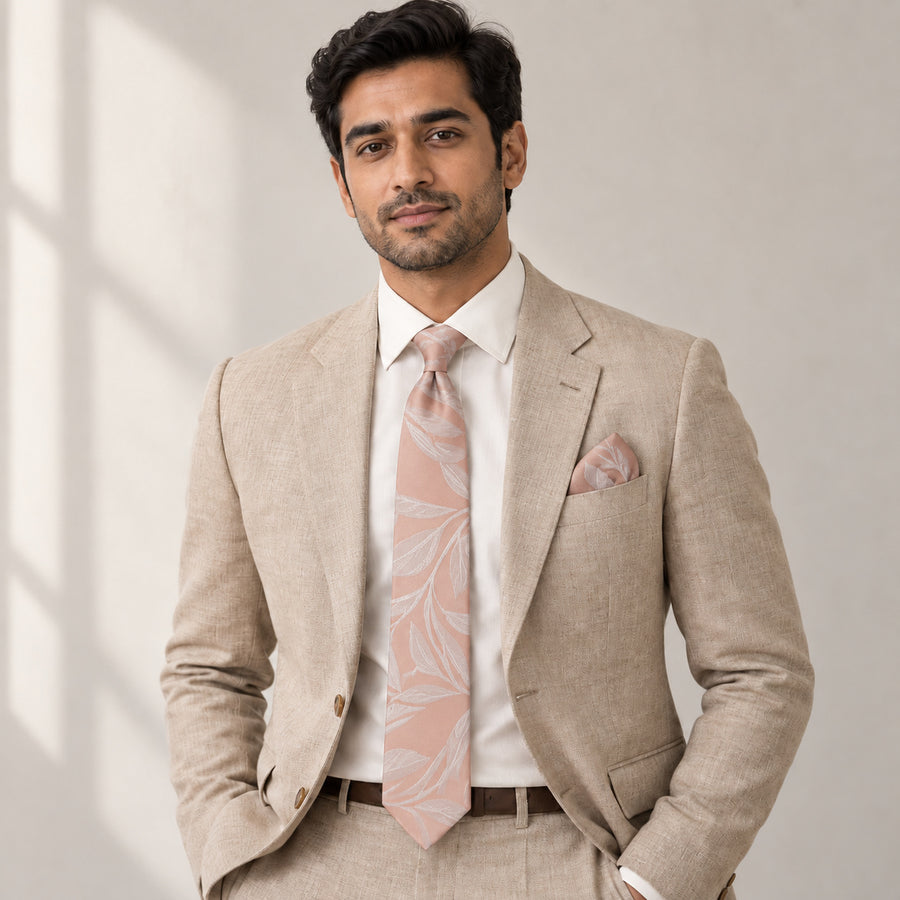Blush Laurel Leaf silk tie and matching pocket square — Light beige · studio portrait
