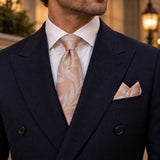 Blush Laurel Leaf silk tie and matching pocket square — Midnight blue · evening detail