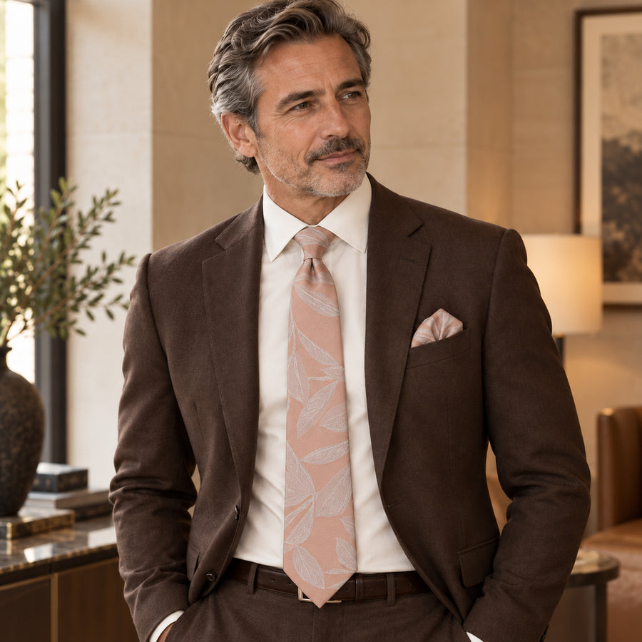 Blush Laurel Leaf silk tie and matching pocket square — Deep brown · relaxed portrait