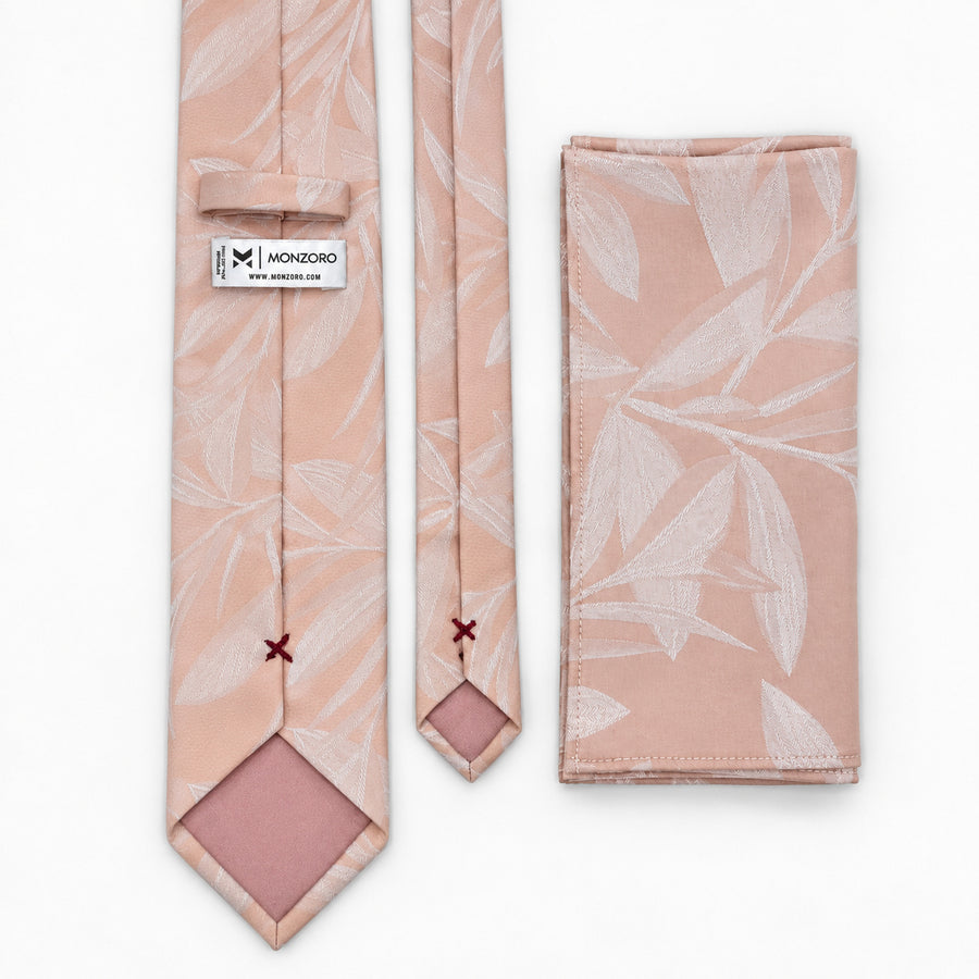 Blush Laurel Leaf silk tie and matching pocket square — Rear construction and matching fold