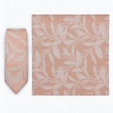 Blush Laurel Leaf silk tie and matching pocket square — Full square · overhead pair