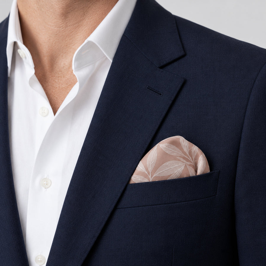 Blush Laurel Leaf Silk Pocket Square — navy jacket · rounded puff.