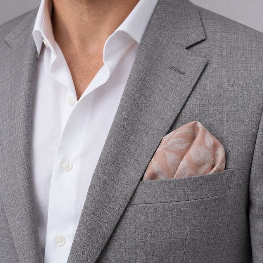 Blush Laurel Leaf Silk Pocket Square — light jacket · rounded puff.