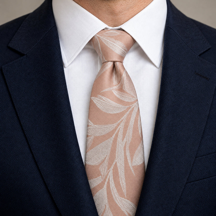 Blush Laurel Leaf Silk Tie — Knot and lapel close-up