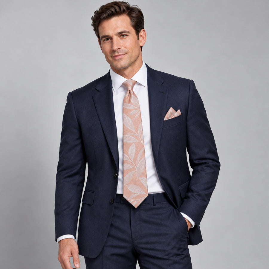Blush Laurel Leaf Silk Tie and Pocket Square Set — Navy suit portrait