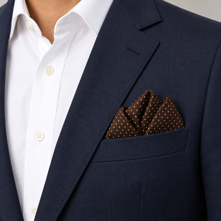 Brown Dot Polka pocket square — navy jacket · alternate fold.