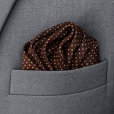 Brown Dot Polka pocket square — close-up wearing detail.