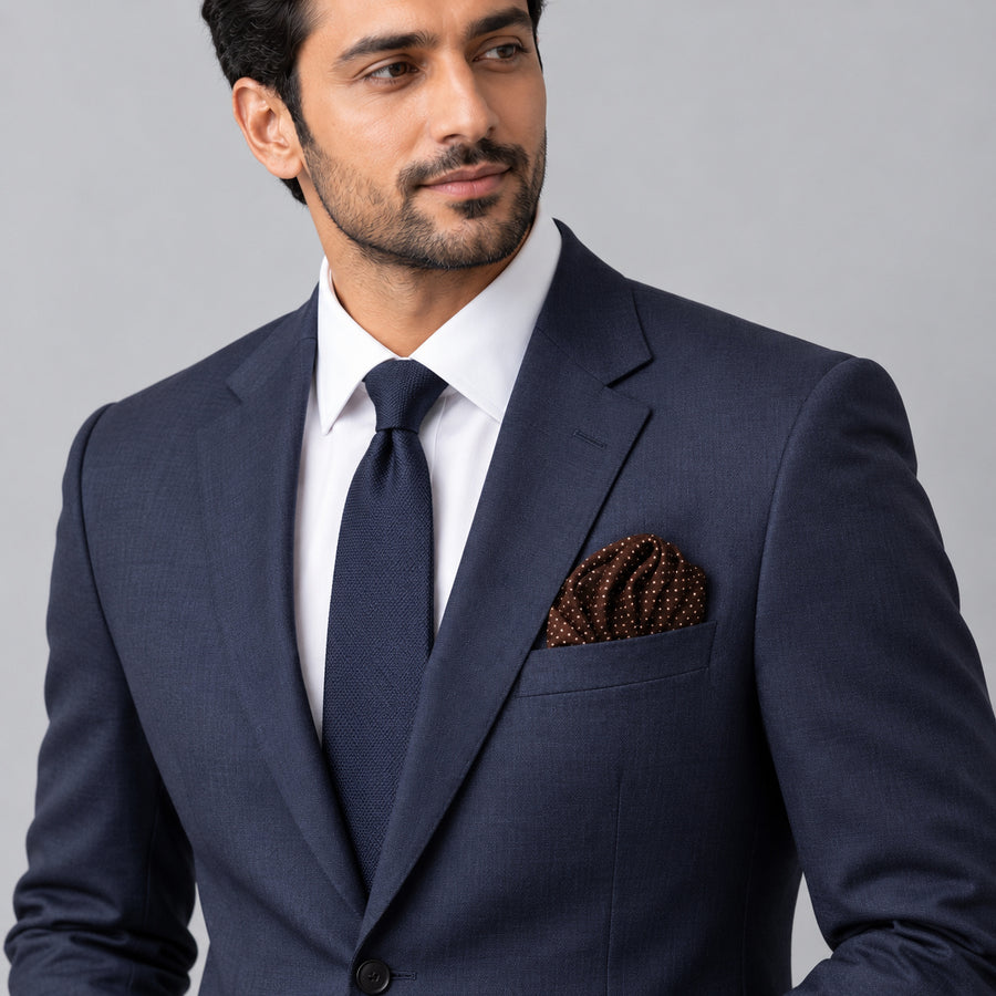Brown Dot Polka pocket square — formal model · navy and tie.