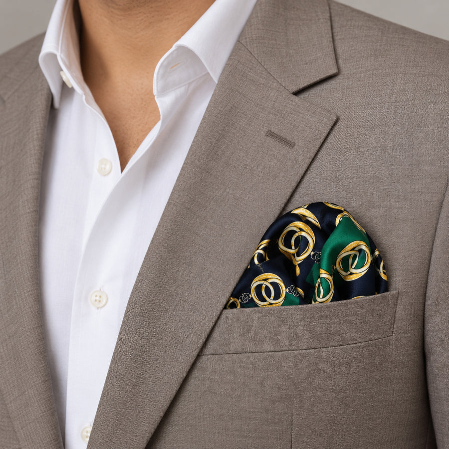 Chain Loop Green pocket square — light jacket · wearing detail.