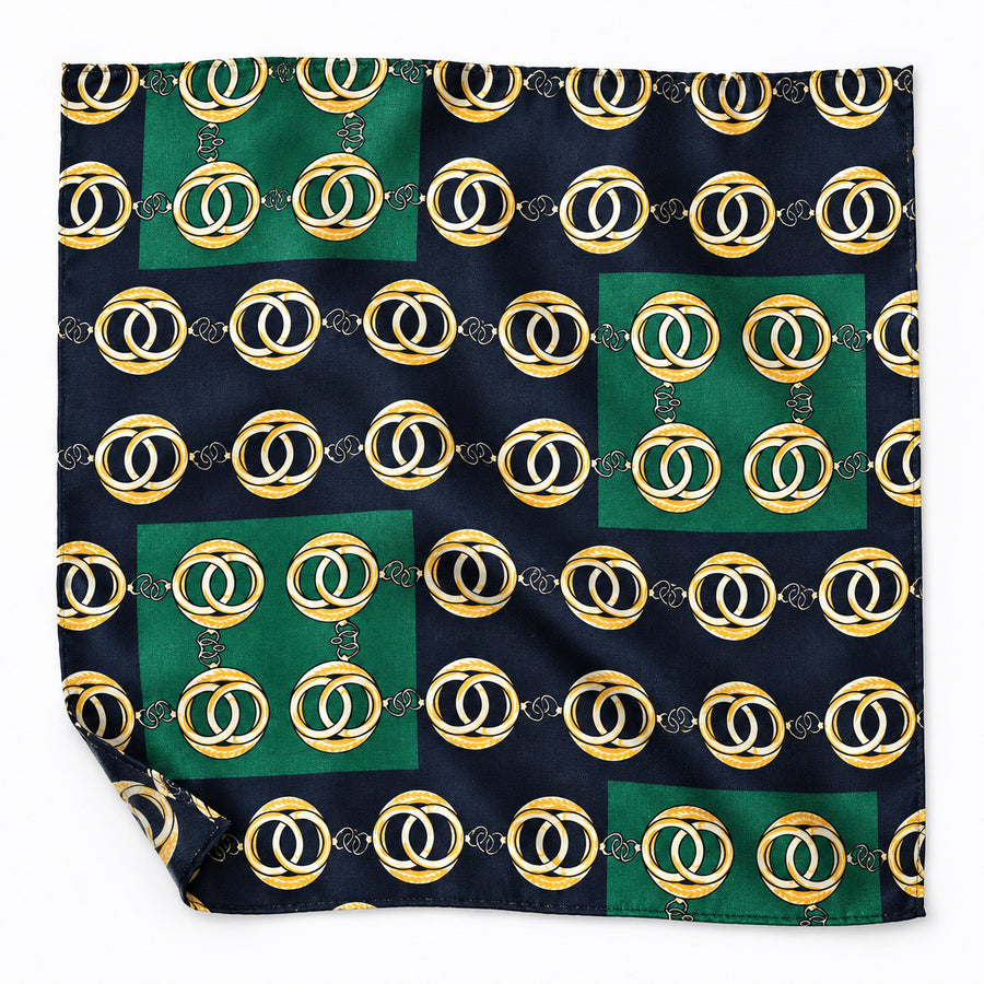 Chain Loop Green pocket square — unfolded studio detail.