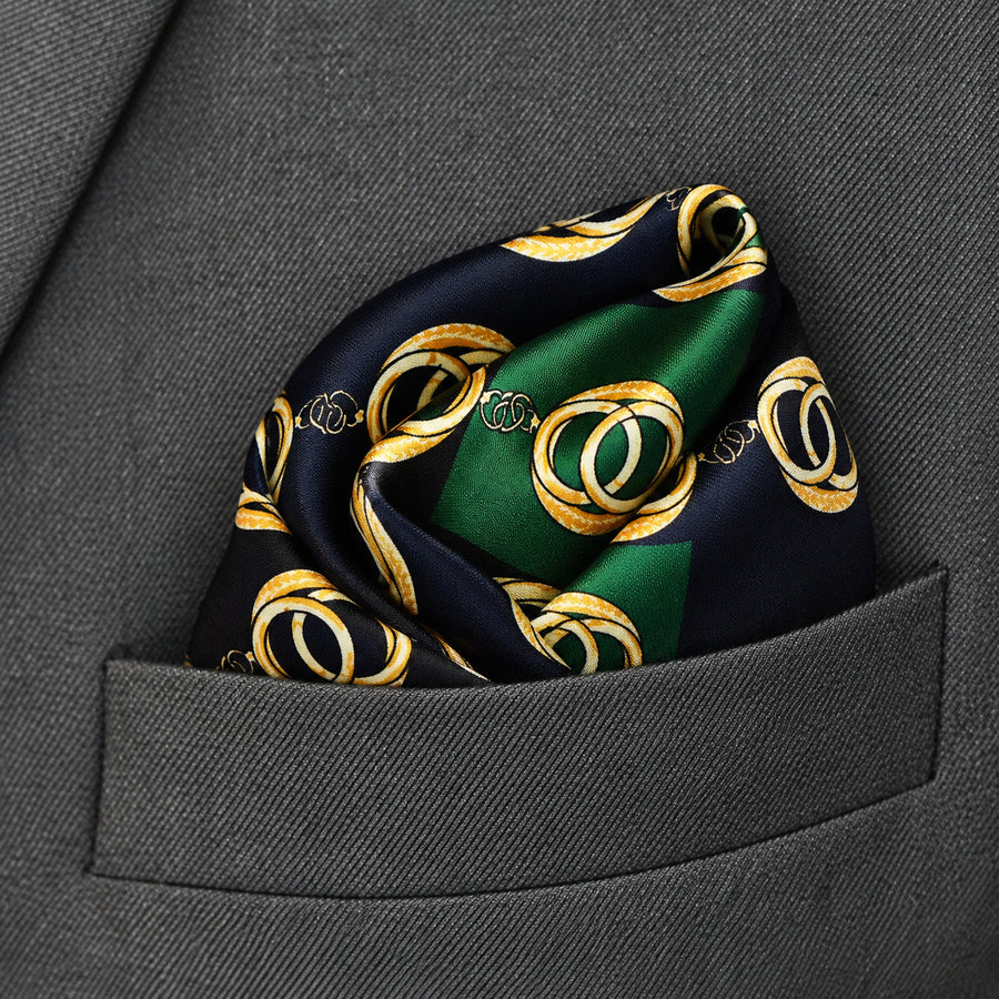 Chain Loop Green pocket square — close-up wearing detail.