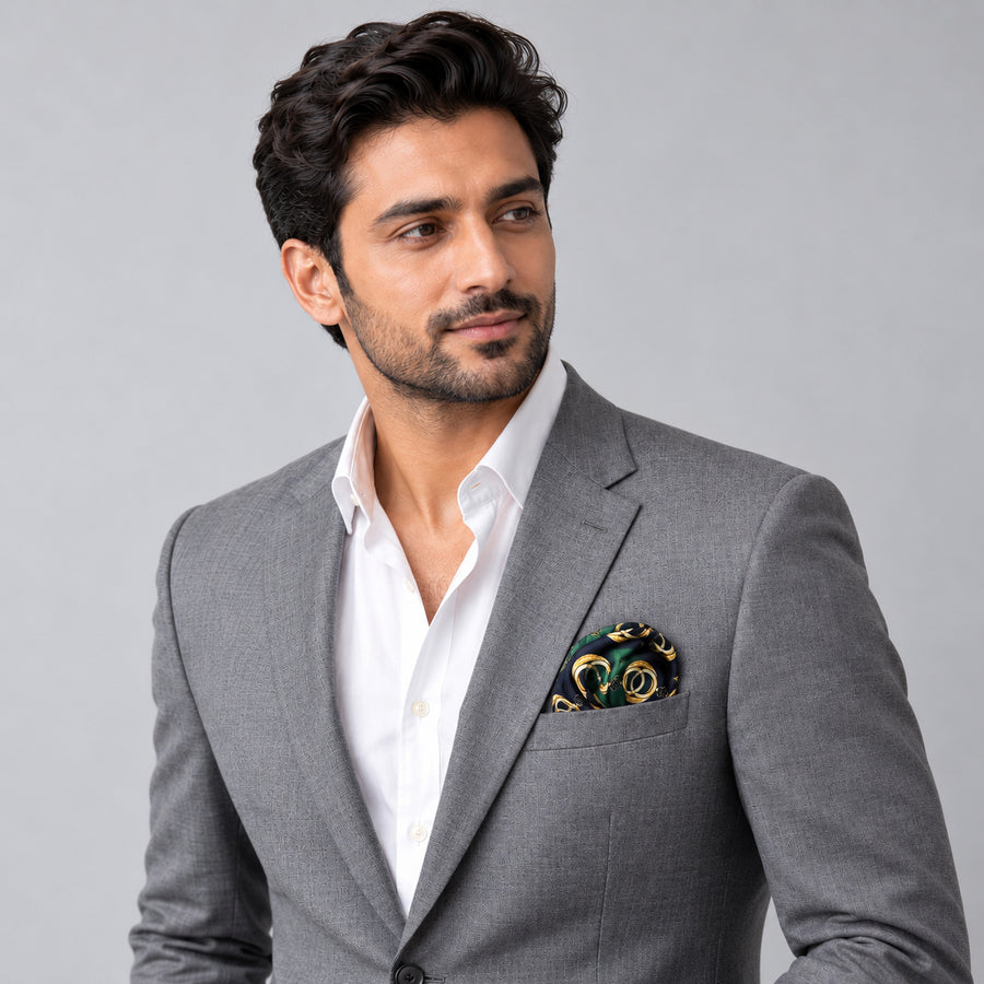 Chain Loop Green pocket square — model · light grey and open collar.