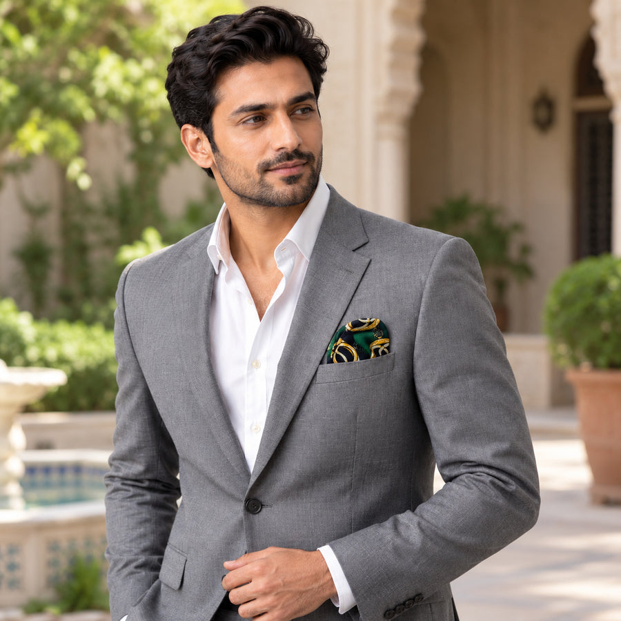 Chain Loop Green pocket square — outdoor lifestyle.