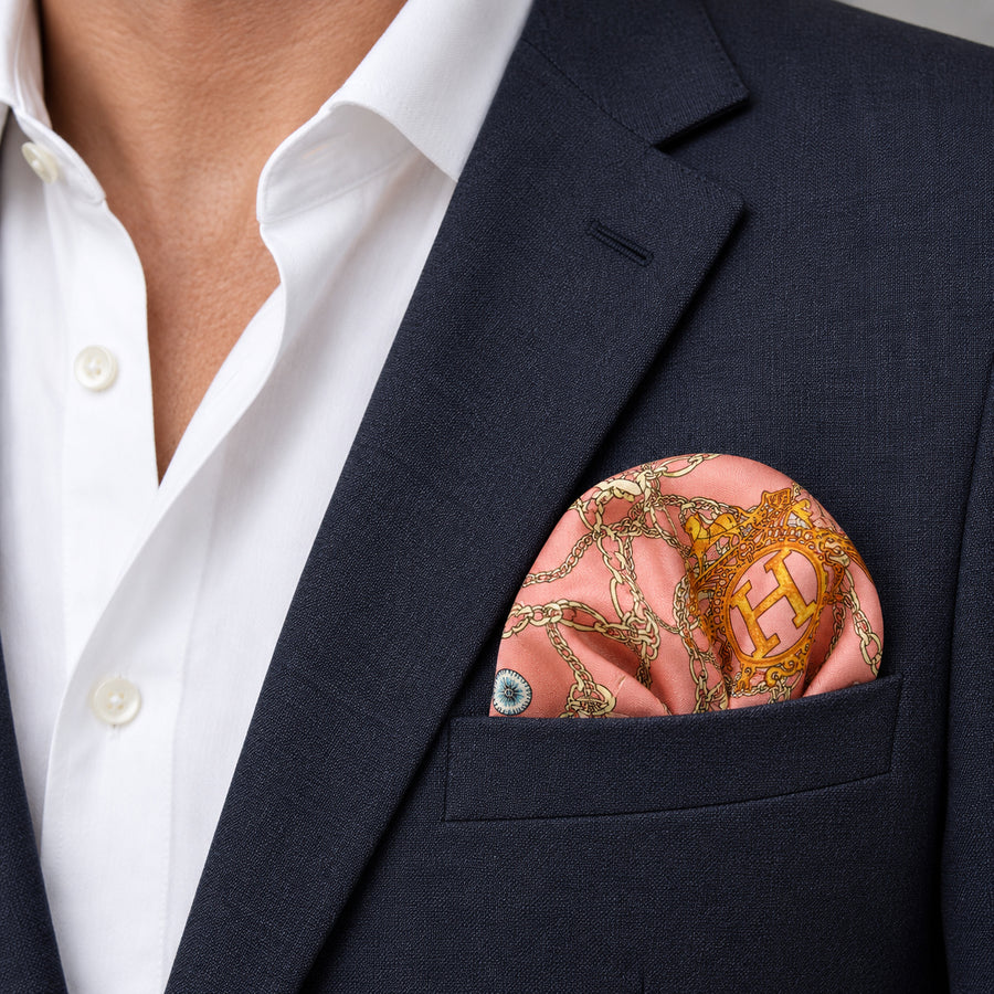 Chain Me Up pocket square — navy jacket · wearing detail.